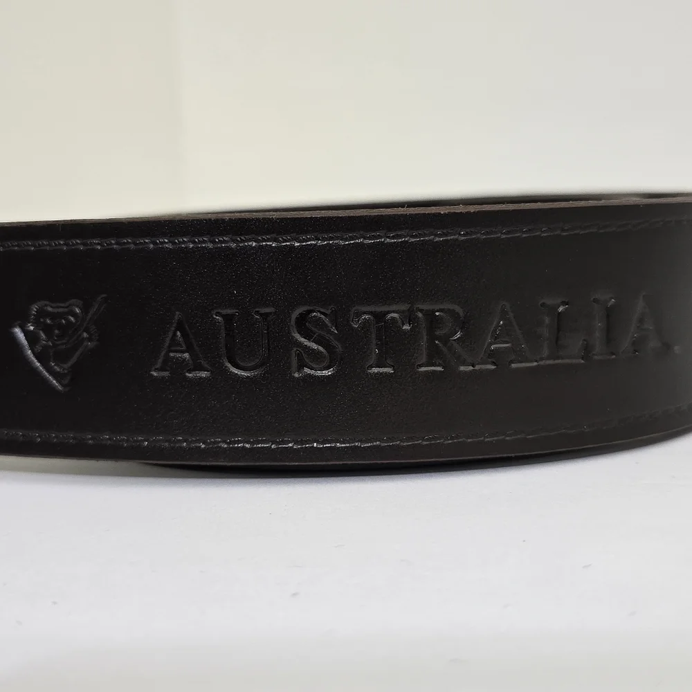 AUSTRALIA‎ belt size 36 Leather Brown Embossed Kangaroo Map Symbols Gold Buckle